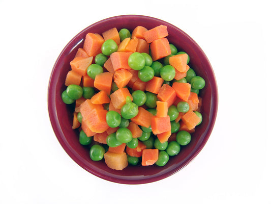 Free Diced Carrots and Peas in Red Bowl - Top View Stock Photography