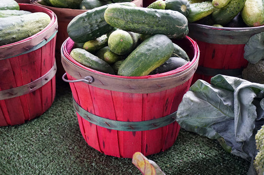 Free Cucumbers in Red Basket Stock Photography